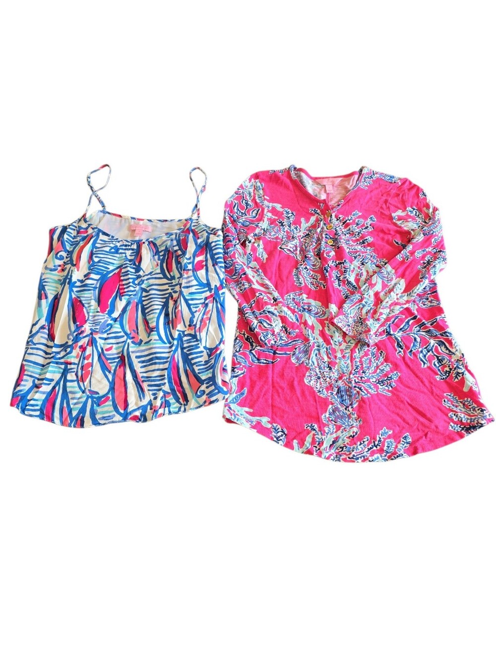 2 Lilly Pulitzer Shirts Kirby Capri Pink Samba & Spaghetti Strap Sailboats S